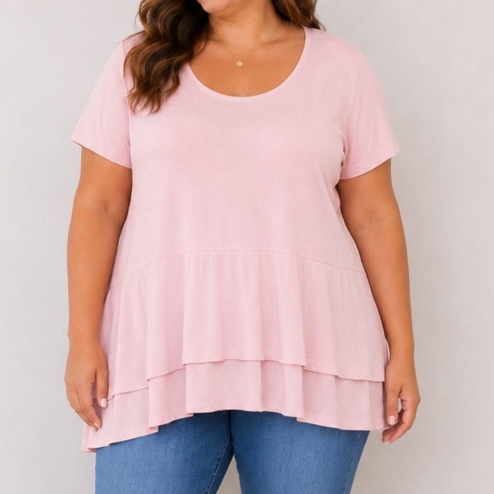 Isaac Mizrahi Pink Tiered Peplum Tunic Top Size 1X Short Sleeve Cotton Modal